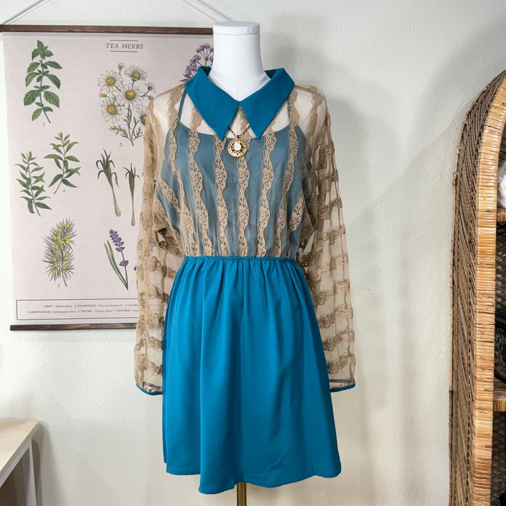 Vintage 90s Y2k Collared Sheer Lace Mini Dress Mod Retro Whimsy Twee 70s Style M